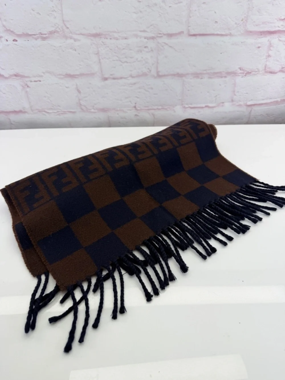 Fendi Brown and Navy Checker Scarf with FF Logo Fringe